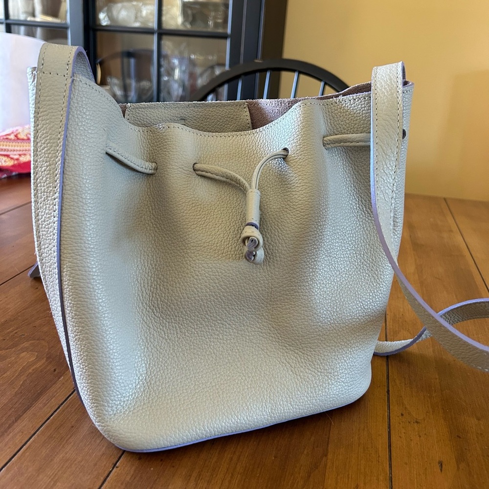 Gigi New York gray leather bucket bag with crossbody strap